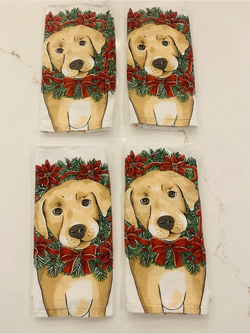 Golden Retriever Holiday Kitchen Towels By Ritz Set Of 4 Poinsettia Wreath Dogs